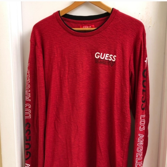 New with tags guess Los Angelos long sleeve fleece red tee size men's large - Picture 2 of 5